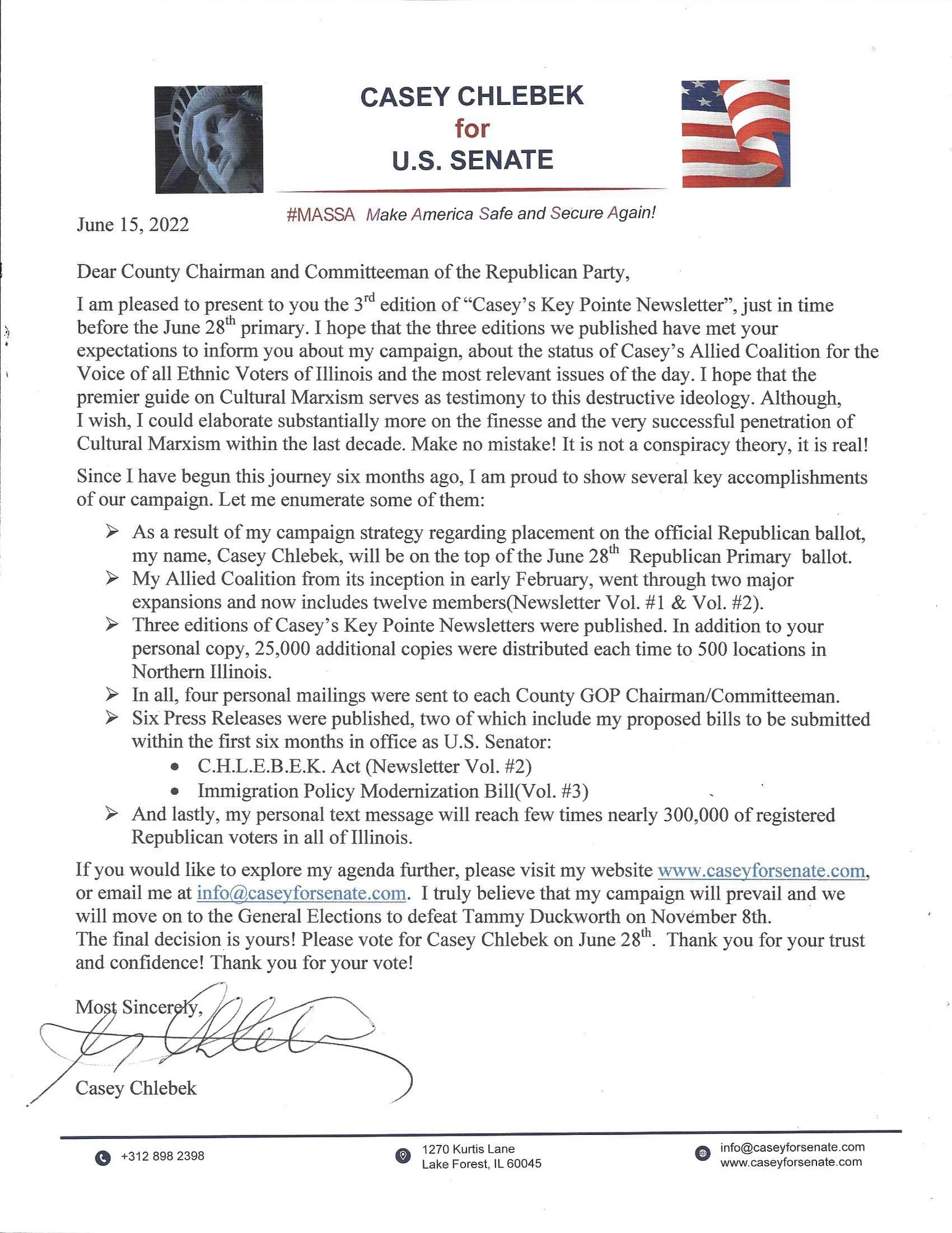 Casey Chlebek for US Senate addressing Illinois voters through press release