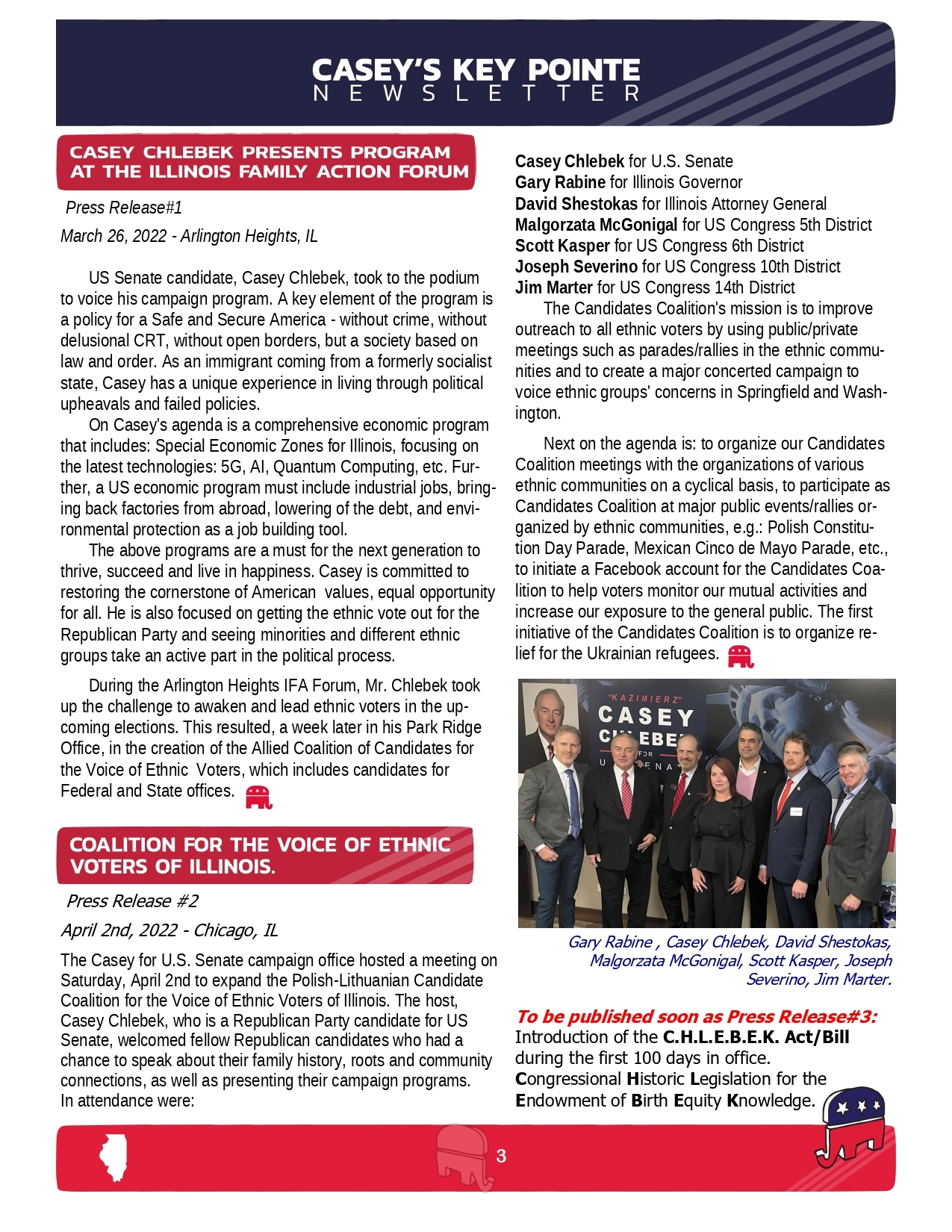 Casey Chlebek for US Senate sharing campaign updates in press release